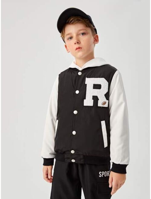 SHEIN Boys Letter Patched Colorblock Teddy Lined Varsity Jacket