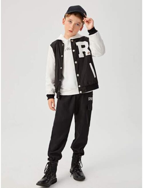 SHEIN Boys Letter Patched Colorblock Teddy Lined Varsity Jacket