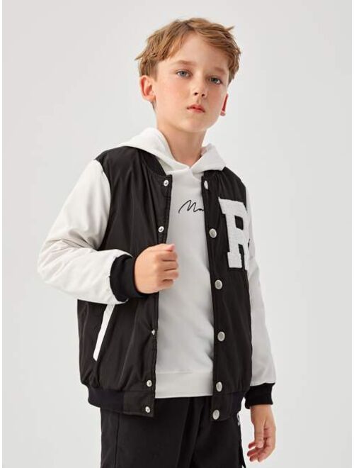 SHEIN Boys Letter Patched Colorblock Teddy Lined Varsity Jacket