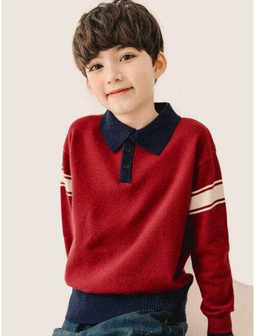 Shein Boys Contrast Polo Neck Drop Shoulder Sweater