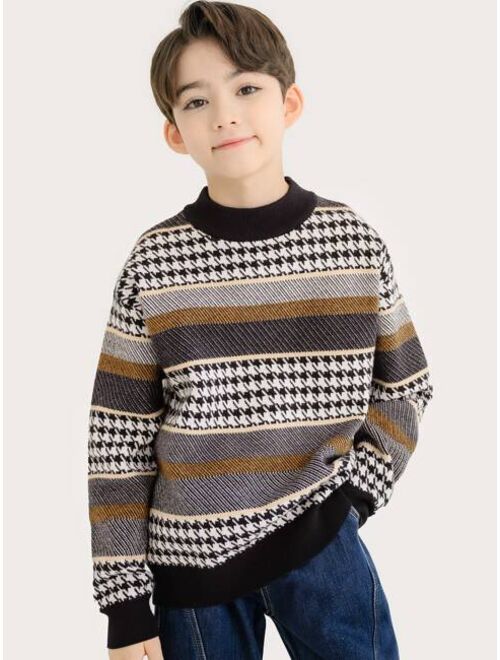 Shein Boys Block Striped & Houndstooth Pattern Sweater