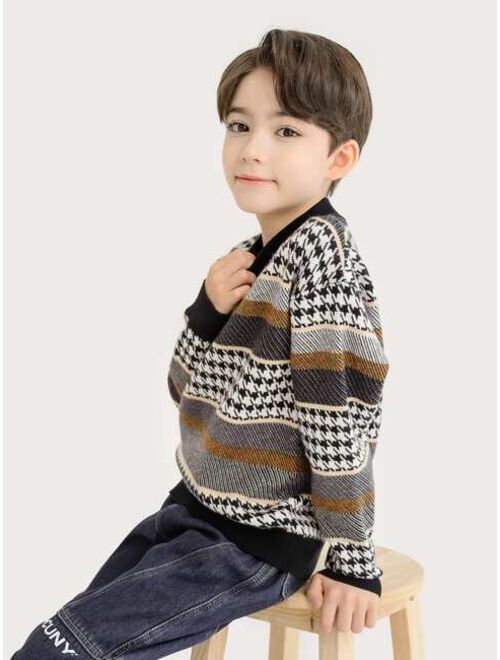 Shein Boys Block Striped & Houndstooth Pattern Sweater