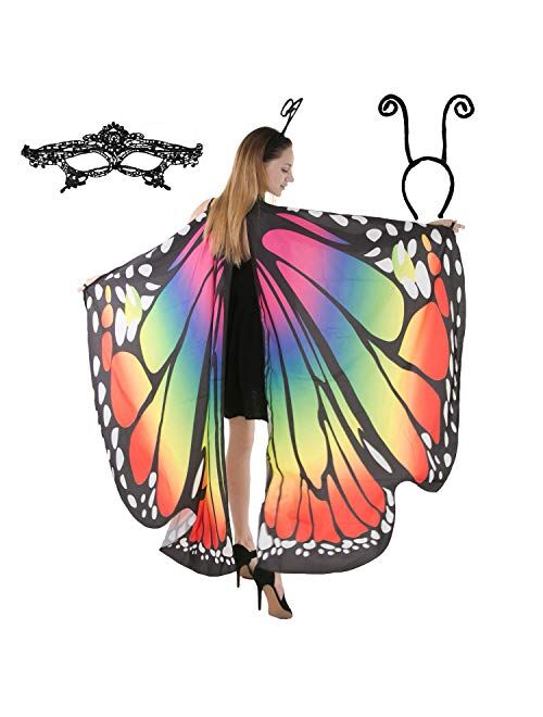 Spooktacular Creations Butterfly Wing Cape Shawl with Lace Mask and Black Velvet Antenna Headband Adult Women Halloween Costume Accessory