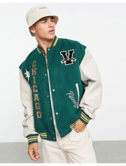 oversized varsity bomber jacket with faux leather sleeves in green