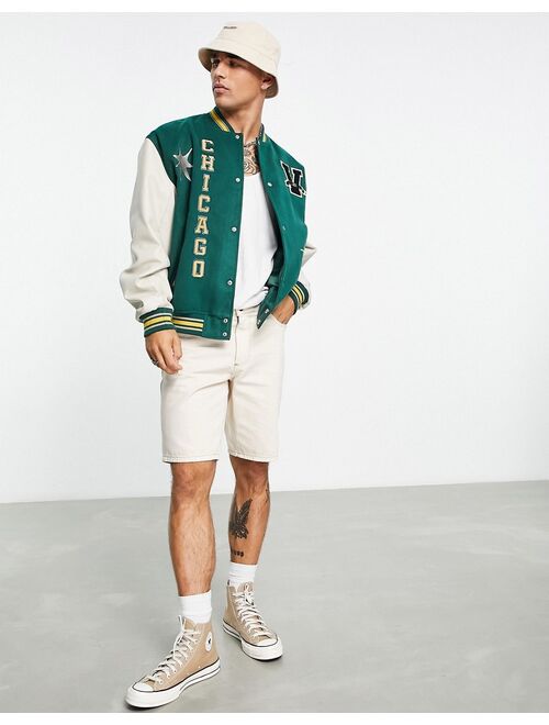 Buy Asos Design Oversized Varsity Bomber Jacket With Faux Leather Sleeves In Green Online 