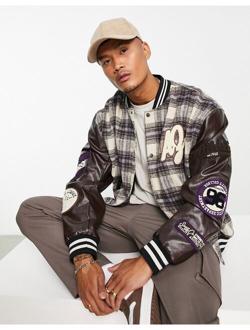 ASOS DESIGN oversized varsity bomber jacket in brown plaid