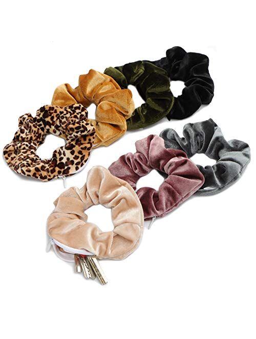 Jaolex 4 Packs Hair Scrunchies with Zipper Pocket Soft Elastic Hair Bands Hair Scrunchy Ties Ropes Hair