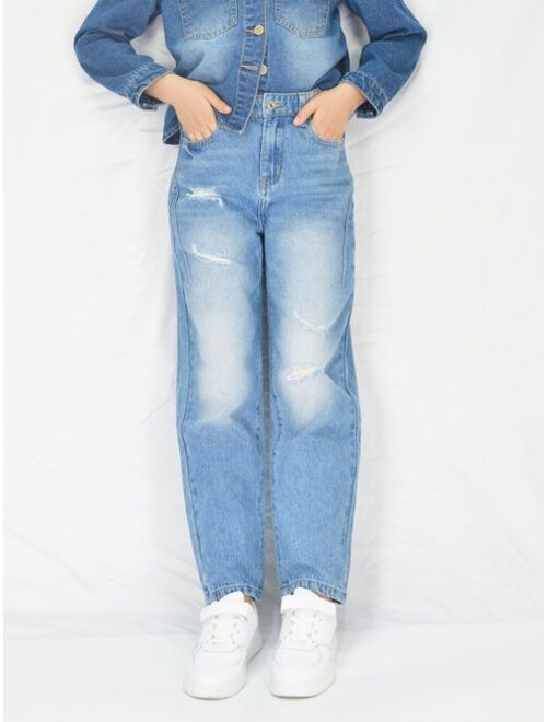 Shein Boys Ripped Moustache Effect Straight Leg Jeans