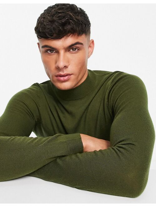 ASOS DESIGN muscle fit premium merino wool turtle neck sweater in olive