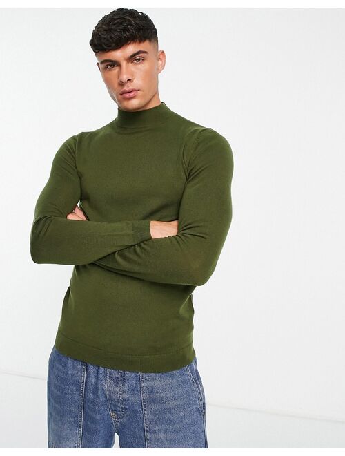 ASOS DESIGN muscle fit premium merino wool turtle neck sweater in olive