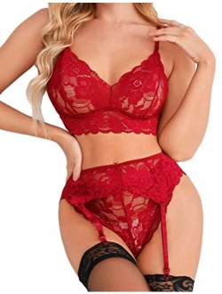 Dewinya Sexy Lingerie Set for Women Naughty, 3 PC, Lace Bralette Bra and Panty Sets, Garter Belt Lingerie