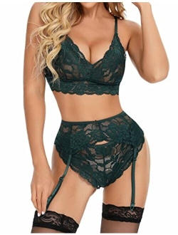 Dewinya Sexy Lingerie Set for Women Naughty, 3 PC, Lace Bralette Bra and Panty Sets, Garter Belt Lingerie