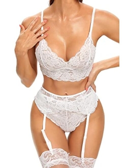 Dewinya Sexy Lingerie Set for Women Naughty, 3 PC, Lace Bralette Bra and Panty Sets, Garter Belt Lingerie