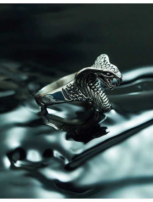 ASOS DESIGN waterproof stainless steel signet ring with cobra head in silver tone