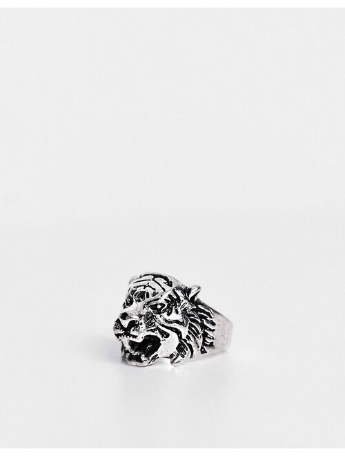 ASOS DESIGN chunky fashion ring with lions head in burnished silver