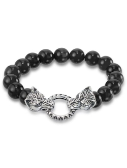 Andrew Charles by Andy Hilfiger Men's Tiger's Eye Bead Wolf Head Stretch Bracelet in Stainless Steel (Also in Onyx & White Agate)