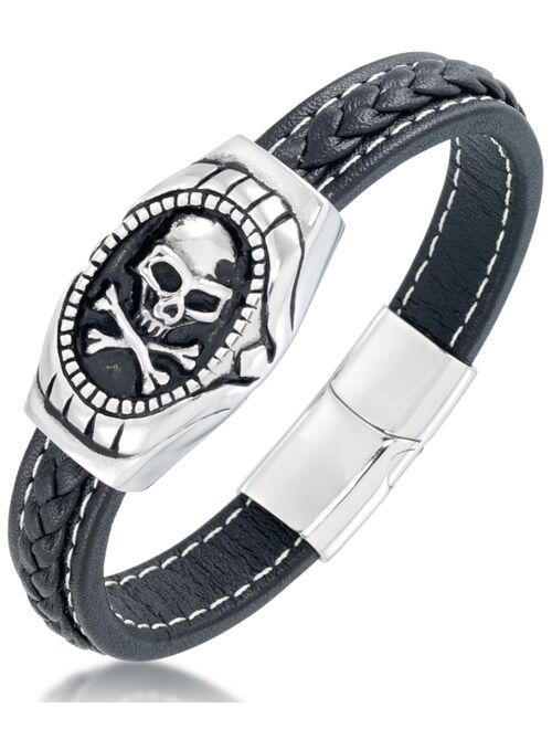 Andrew Charles by Andy Hilfiger Men's Black Leather Skull Bracelet in Stainless Steel