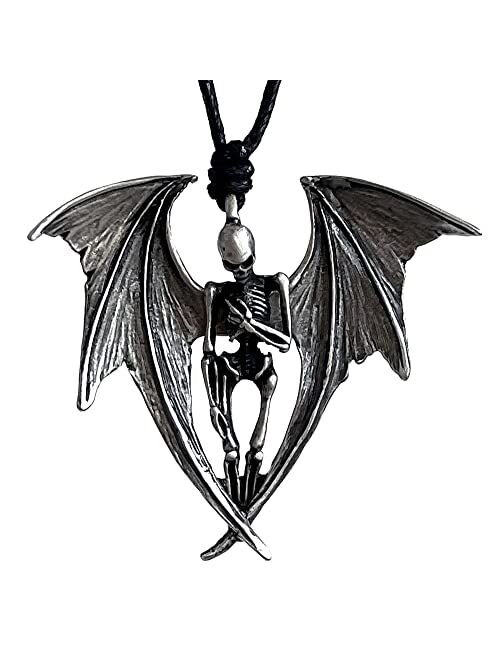 Generic Gothic Halloween Horror Jewelry Winged Vampire Skull Skeleton Corpse Angel of Death Punk Rock Rock Biker Protection Amulet Silver Pewter Men's Pendant Necklace Lu