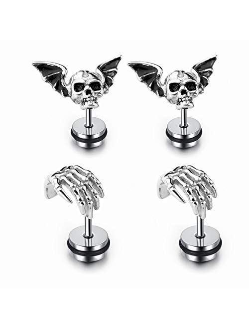 Zysta 4PCS Skull Ghost Head Skeleton Claw Bat Earring Flat Back Screw On Cool Ear Lobe Studs Cartilage Helix Piercing Set Women Men 16G Post