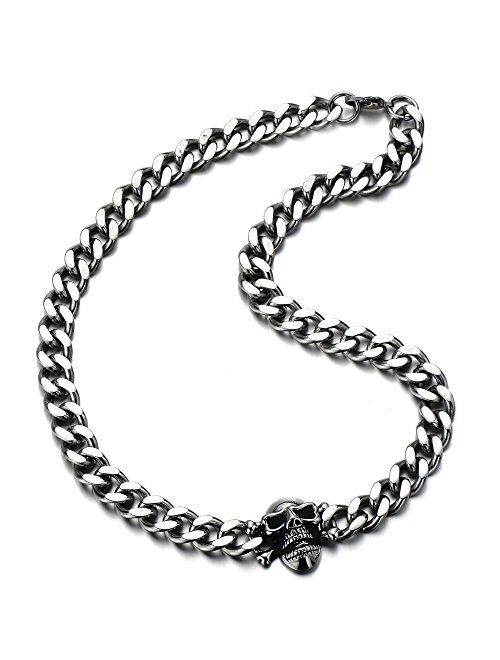 COOLSTEELANDBEYOND Mens Stainless Steel Curb Chain Skull Necklace Gothic Style