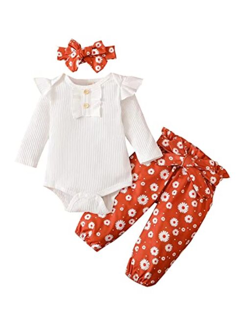 Adxsun Newborn Baby Girls Outfits Flying Sleeve Romper+Cute Pants+Headband 3PC Infant Girl Clothes Set