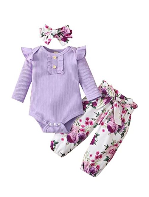 Adxsun Newborn Baby Girls Outfits Flying Sleeve Romper+Cute Pants+Headband 3PC Infant Girl Clothes Set