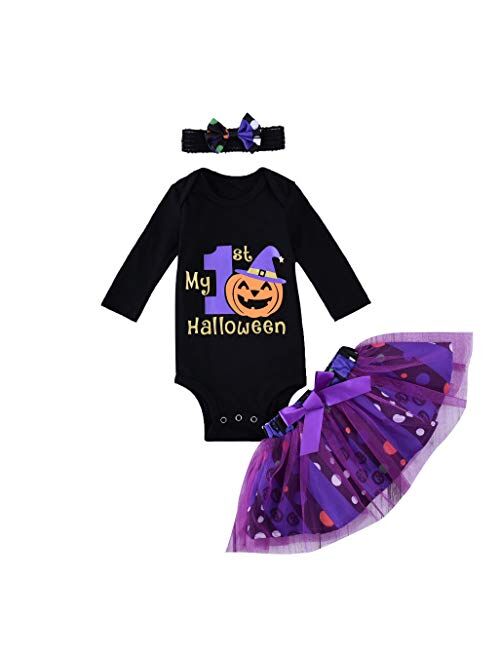 Minifeiko My First Halloween Baby Girl Outfit 3PCS Pumpkin Bodysuit + Tulle Skirt + Bow Headband Clothes Set