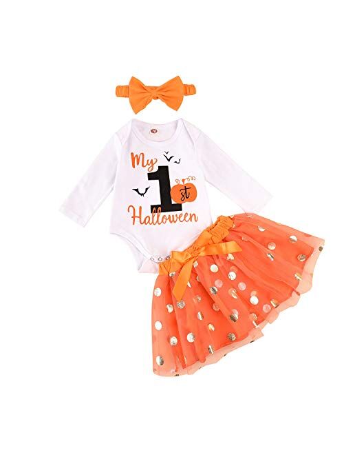 Minifeiko My First Halloween Baby Girl Outfit 3PCS Pumpkin Bodysuit + Tulle Skirt + Bow Headband Clothes Set