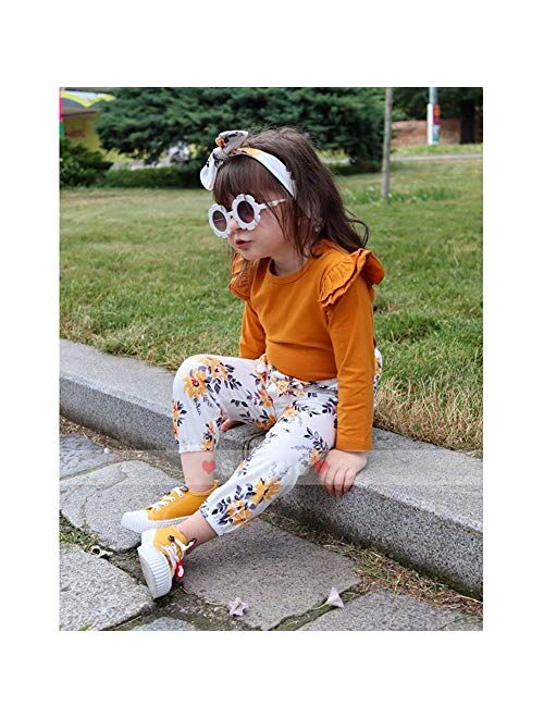 SANMIO Cute Floral Girl Clothes Outfits, Toddler Baby Girl Clothes Set Ruffle T-Shirt + Pant Set with Headband