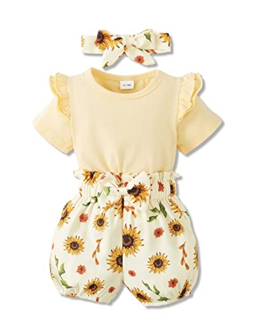 SANMIO Cute Floral Girl Clothes Outfits, Toddler Baby Girl Clothes Set Ruffle T-Shirt + Pant Set with Headband