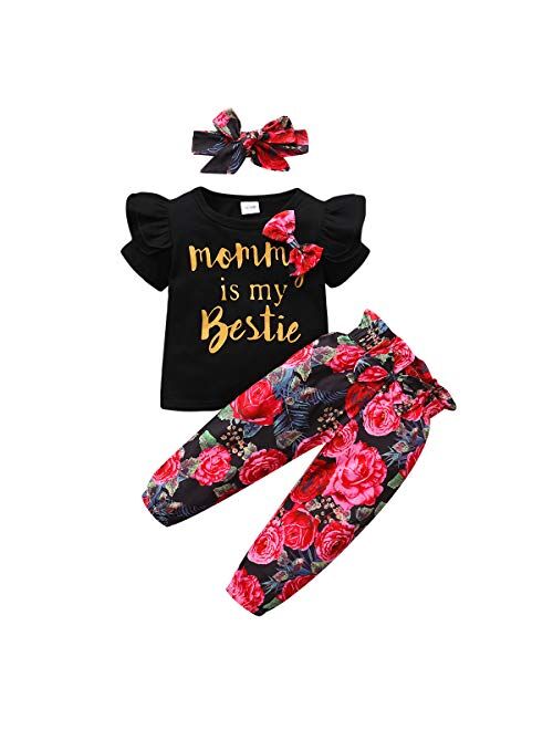 SANMIO Cute Floral Girl Clothes Outfits, Toddler Baby Girl Clothes Set Ruffle T-Shirt + Pant Set with Headband