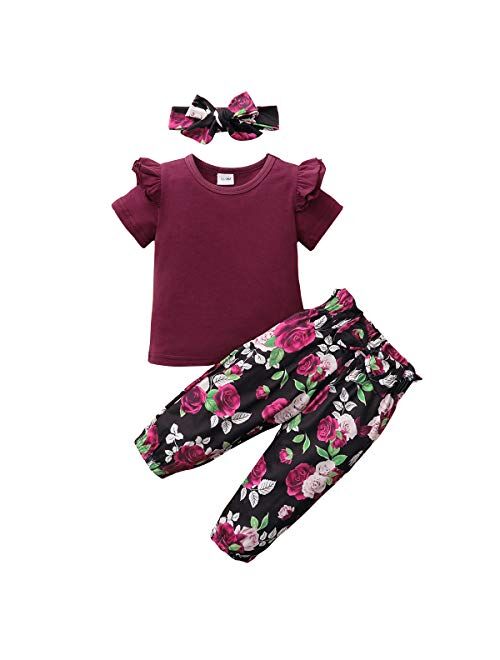 SANMIO Cute Floral Girl Clothes Outfits, Toddler Baby Girl Clothes Set Ruffle T-Shirt + Pant Set with Headband