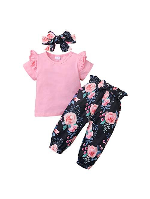 SANMIO Cute Floral Girl Clothes Outfits, Toddler Baby Girl Clothes Set Ruffle T-Shirt + Pant Set with Headband