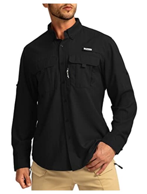 Pudolla Men's Sun Protection Fishing Shirts Long Sleeve Travel Work Shirts for Men UPF50+ Button Down Shirts with Zipper Pockets