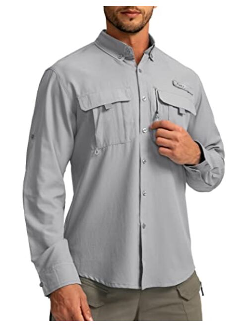 Pudolla Men's Sun Protection Fishing Shirts Long Sleeve Travel Work Shirts for Men UPF50+ Button Down Shirts with Zipper Pockets