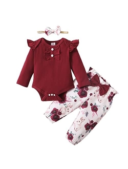 Olluisneo Newborn Baby Girl Clothes Infant Outifts Long Sleeve Romper Floral Pant Set Fall Winter Baby Girl Clothes