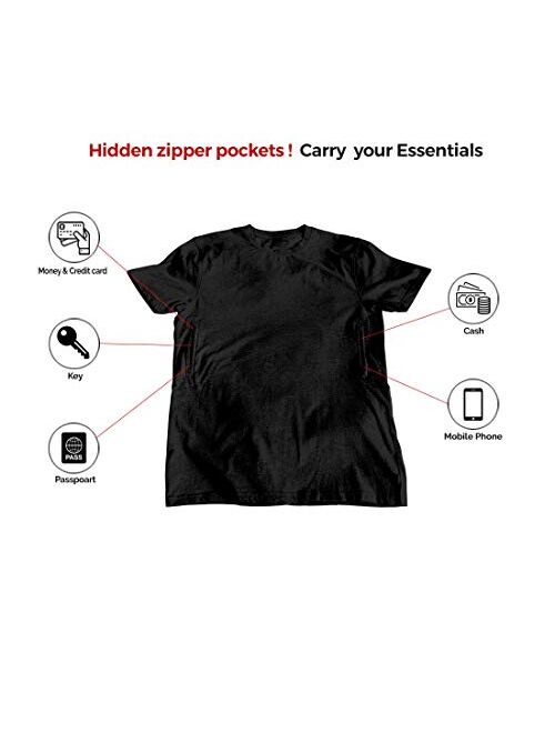 Clever Travel Companion Pickpocket Proof Crew Necked Men's T-Shirt with 2 Hidden Zipper Pockets, 100% Pickpocket Proof Holiday Tour