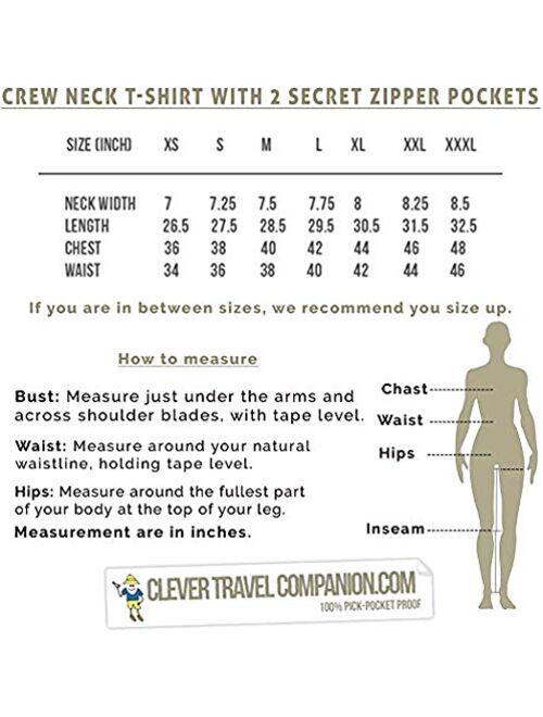 Clever Travel Companion Pickpocket Proof Crew Necked Men's T-Shirt with 2 Hidden Zipper Pockets, 100% Pickpocket Proof Holiday Tour