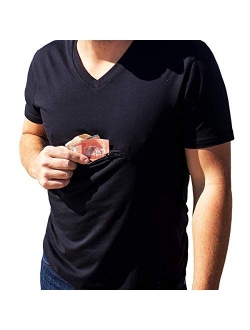 Clever Travel Companion Men's V-Neck Traveling Best Pickpocket Proof Hidden Zipper Pocket T-Shirt