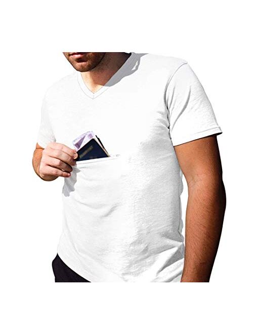 Clever Travel Companion Men's V-Neck Traveling Best Pickpocket Proof Hidden Zipper Pocket T-Shirt