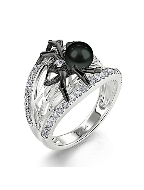 Jeulia Spider Skull Biker Black Ring Women Men Halloween Tone Pear Cut Sterling Silver Red Diamond Band Rings Gothic Black Pearl Spider Plated Promise Rings with Jewelry 