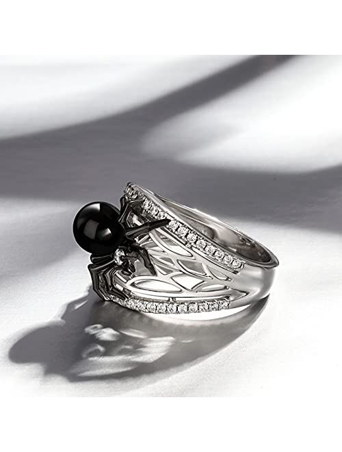 Jeulia Spider Skull Biker Black Ring Women Men Halloween Tone Pear Cut Sterling Silver Red Diamond Band Rings Gothic Black Pearl Spider Plated Promise Rings with Jewelry 