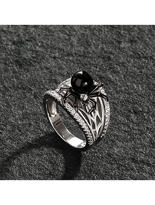 Jeulia Spider Skull Biker Black Ring Women Men Halloween Tone Pear Cut Sterling Silver Red Diamond Band Rings Gothic Black Pearl Spider Plated Promise Rings with Jewelry 