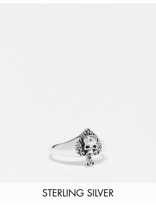 ASOS DESIGN signet ring with ace of spade and skull in burnished sterling silver