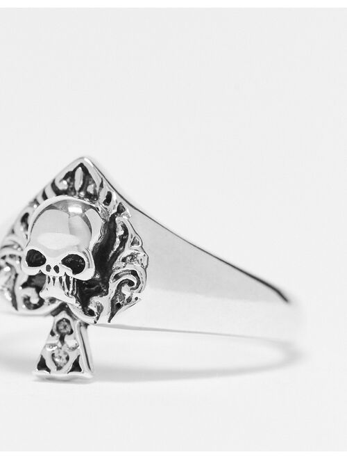 ASOS DESIGN signet ring with ace of spade and skull in burnished sterling silver