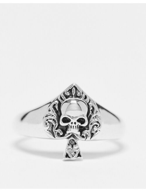 ASOS DESIGN signet ring with ace of spade and skull in burnished sterling silver