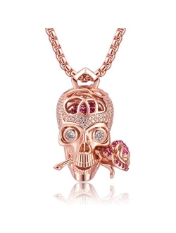 Karseer "Romance Forever Skull & Rose Charm Unisex Pendant Necklace with Crystal Brain Hidden Inside