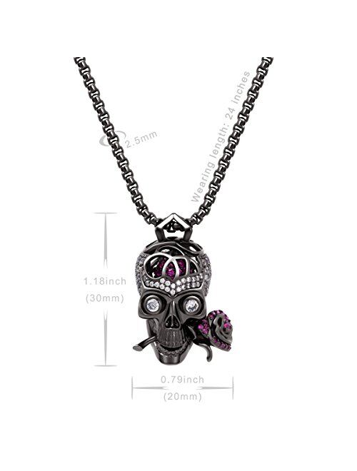 Karseer "Romance Forever Skull & Rose Charm Unisex Pendant Necklace with Crystal Brain Hidden Inside