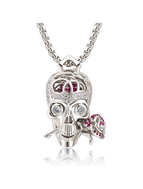 Karseer "Romance Forever Skull & Rose Charm Unisex Pendant Necklace with Crystal Brain Hidden Inside