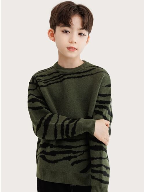 Shein Boys Zebra Striped Pattern Drop Shoulder Sweater